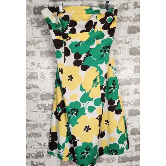 B. Smart Dress 12 Floral Print Strapless A-Line Knee Length Green Yellow Brown‎ - Picture 6 of 14